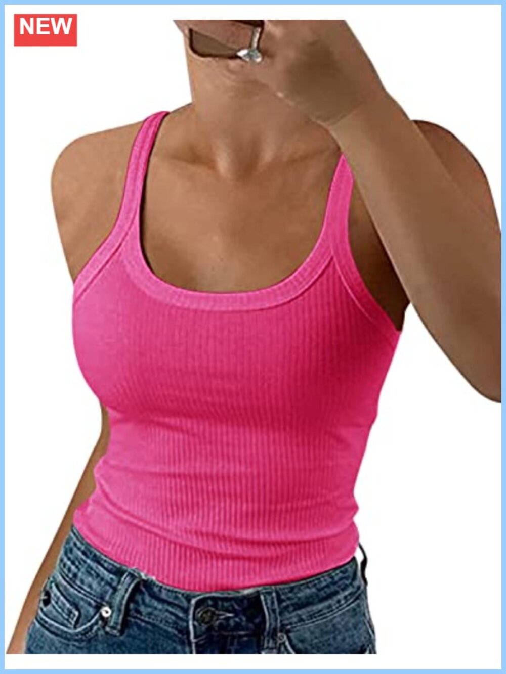 Ribbed Cotton Spandex Scoop Neck Slim Fitted Cami Tank Top